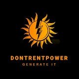 he image appears to be a logo for Dontrentpower.com, featuring a stylized sun with a lightning bolt in the center, symbolizing solar energy and power generation. Below the sun, the text "DONTRENTPOWER" is displayed in bold, uppercase letters, followed by the tagline "GENERATE IT" in a smaller font. The color scheme consists of a black background with an orange/yellow design, reinforcing the solar energy theme